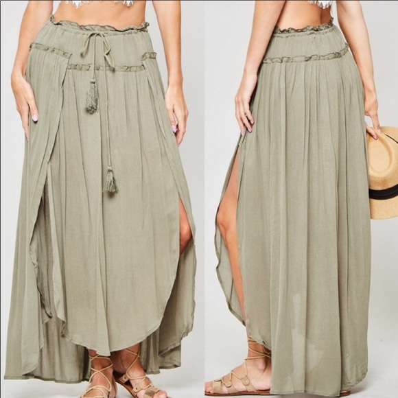 ✨HP🌻Olive Green Boho Chic Maxi Split Skirt✨S M L✨ - Picture 2 of 3
